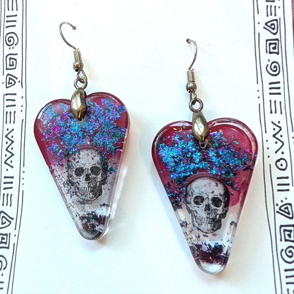 Handmade Skull Heart Resin Earrings Pink Blue Glitter Gothic Dangle